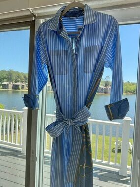 Derby Day Ready! Striped Blue Shirt Dress with Equestrian Print Accents